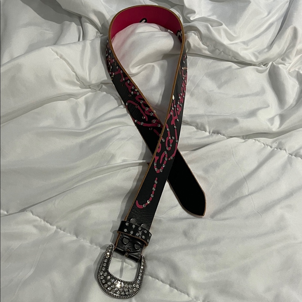 Authentic Ed Hardy Black and Pink Embellished Tiger Belt